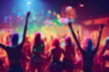 Fototapeta na wymiar Blurred background revelry shindig. Night party with people are having fun in the rainbow spotlight at a nightclub 