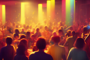 Blurred background revelry shindig. Night party with people are having fun in the rainbow spotlight at a nightclub 