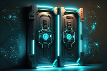 Naklejka premium Intergalactic high-tech doors with instruments, display and neon light. Abstract room with doors, spaceship, scientific station, throughput entrance. AI