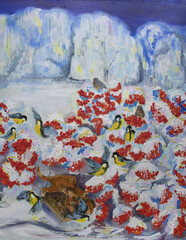 Dangerous risk of freebie illustration. Funny parable. Painting allegory. Winter snowy park. Forest berries and bird feeder. Scarlet sorbus tree crowns at the edge of the forest. Amusing picture with 