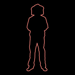 Neon beekeeper in protective outfit clothing with hat with grid of bee stings collects honey Beekeeper beemaster apiarist in apiary View front red color vector illustration image flat style