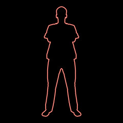 Neon man standing with hands crossed Dentist surgeon in medical clothes with folded hands on his chest Concept of the end of surgery operation Front view red color vector illustration image flat style