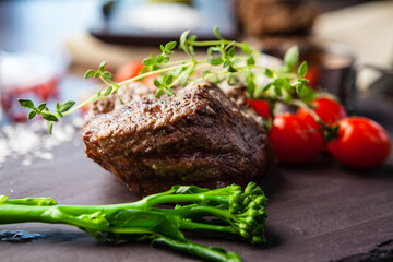 Estonian beef tenderloin steak. Delicious healthy traditional food closeup served for lunch in modern gourmet cuisine restaurant