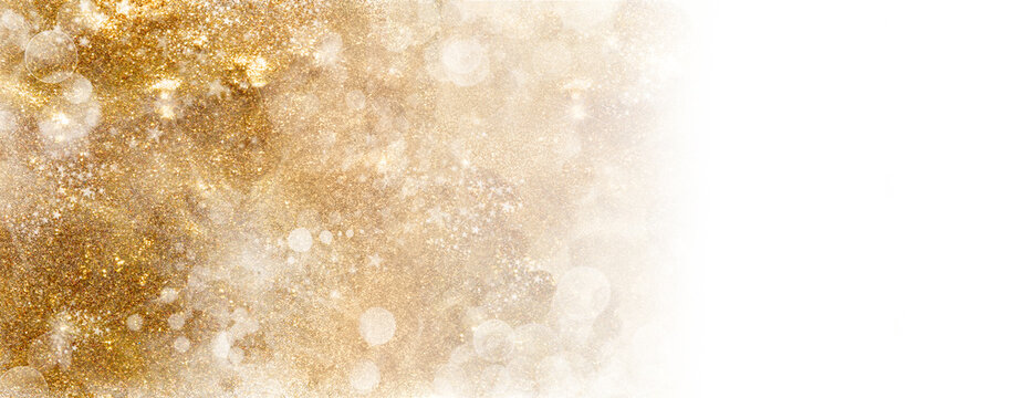 Golden Christmas background banner with festive shiny sparkles and twinkling bokeh over white with copy space