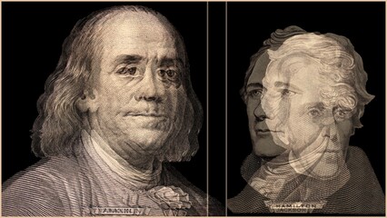 Double exposure of portrait of U.S. presidents Andrew Jackson,Benjamin Franklin and Alexander...