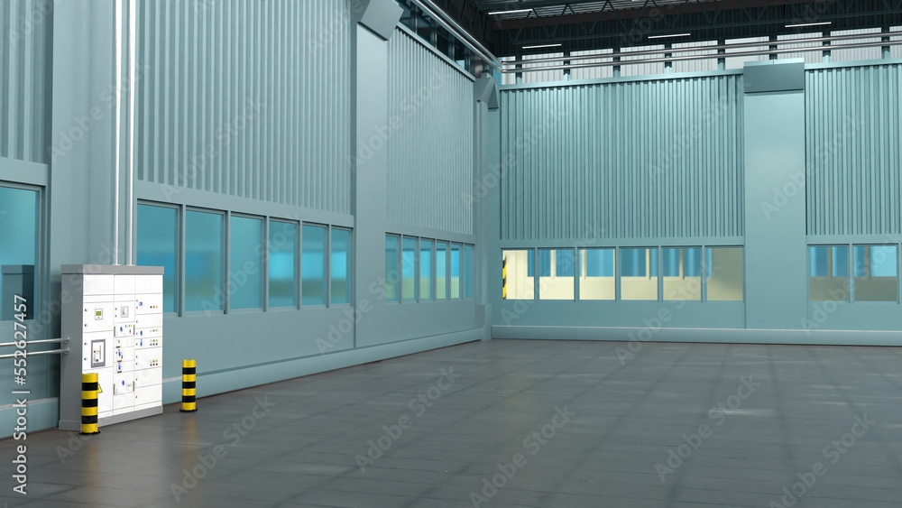 Poster production room. an empty hangar with windows. building for the factory. industrial building with hi