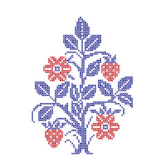 Embroidered cross-stitch pattern with strawberry plant