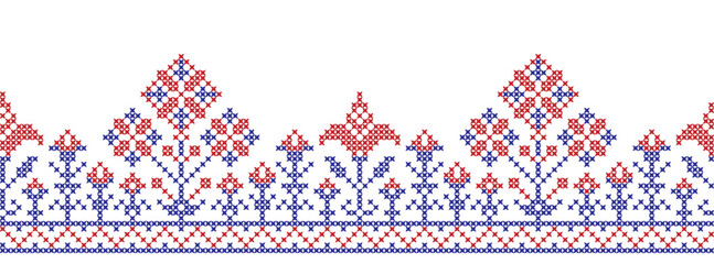 Embroidered cross-stitch seamless border pattern with flowers - 552627658