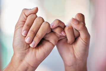 Women, hands or pinky finger promise in trust, support or security for community, solidarity or...