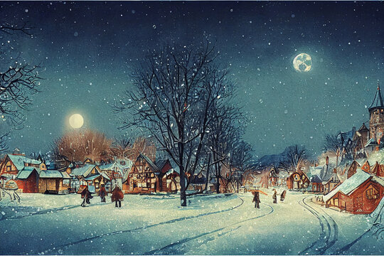 Christmas Village With Huge Moon In Vintage Style. Winter Village Landscape