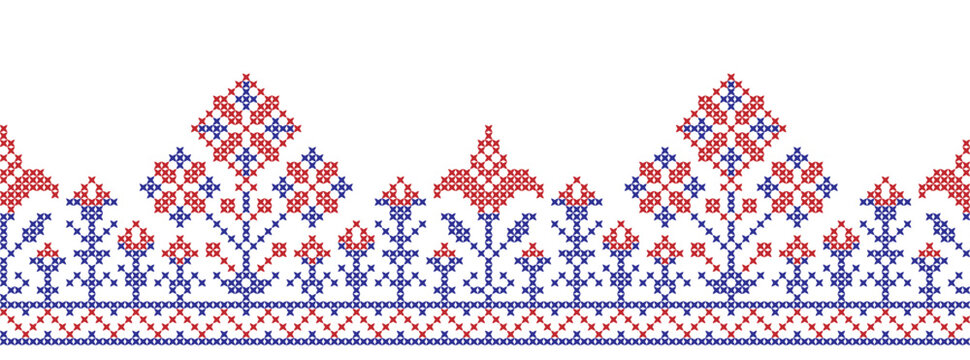 Embroidered cross-stitch seamless border pattern with flowers