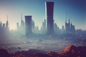 city on an alien planet, extraterrestrial buildings in beautiful landscape