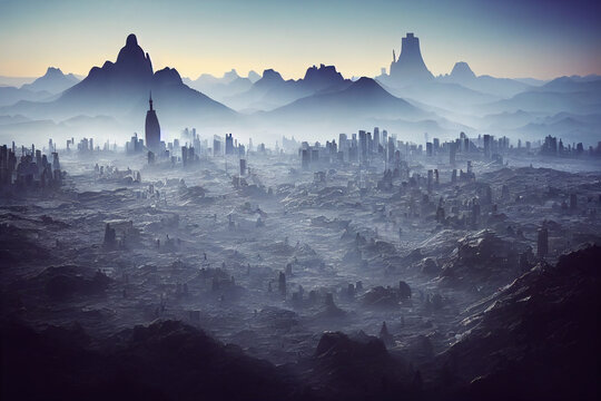 city on an alien planet, extraterrestrial buildings in beautiful landscape