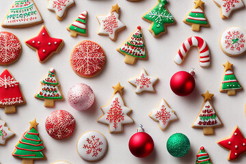 Fototapeta na wymiar Gingerbread cookies on white background. Snowflake, star, man, angel, candy shapes..