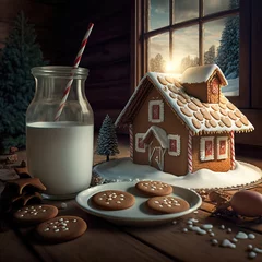 Foto auf Acrylglas illustratie of a gingerbread with cookies and milk © Jane