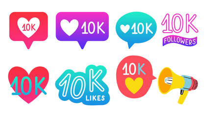 10000 followers vector set 10k celebration. Ten thousands subscribers followers set.