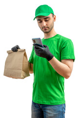  t-shirt service fast delivering orders. Young guy holding a cardboard package. Character, isolated white background