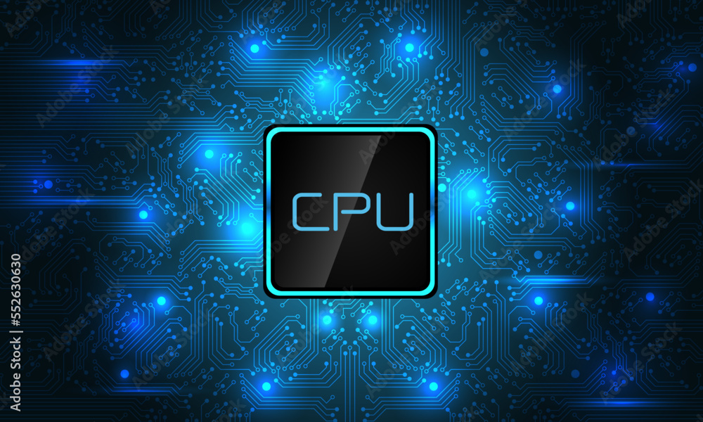 Poster microprocessor on blue circuit pattern design modern futuristic technology computer background vecto