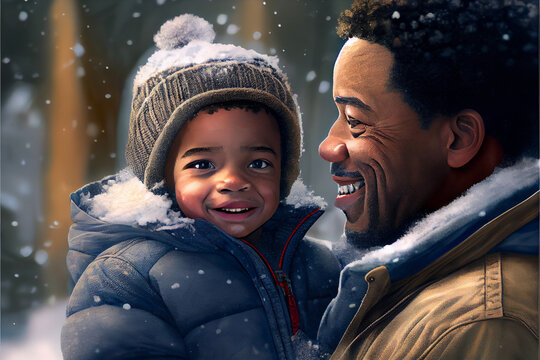 Young African American Father and Son Enjoying Snow Weather. Generative AI
