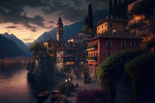 Generative AI : Varenna town and Como lake in Italy at sunset	
