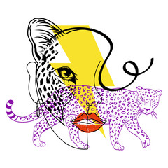 T-shirt design of a cubist female face with a leopard head isolated on white 
