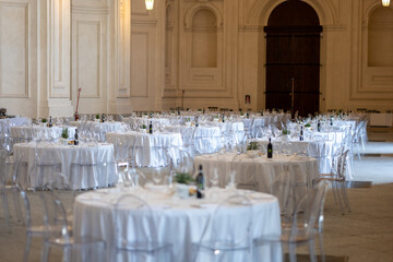storical restaurant with an elegant mise en place for a important dinner or lunch in Reggia di Venaria Reale near Turin