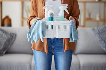 Zoom, woman hands with cleaning, product in basket for home maintenance, cleaning service or living...