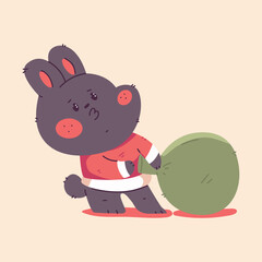 Cute Christmas black rabbit in Santa Claus costume with gift bag vector cartoon funny animal character isolated on background.