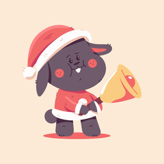 Cute Christmas black rabbit in Santa Claus costume with gold bell vector cartoon funny animal character isolated on background.