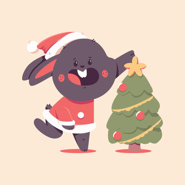 Cute black rabbit in Santa Claus costume with decorated Christmas tree vector cartoon funny animal character isolated on background.