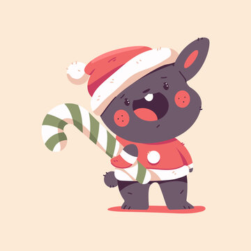 Cute Christmas black rabbit in Santa Claus costume with candy cane vector cartoon funny animal character isolated on background.