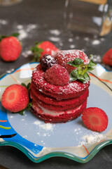 Tasty strawberry cake with whipped cream and with fresh strawberries. Pastry. Sweet tartlets dessert
