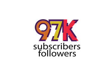 97K, 97.000 subscribers or followers blocks style with 3 colors on white background for social media and internet-vector