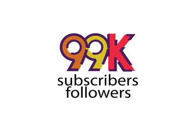 99K, 99.000 subscribers or followers blocks style with 3 colors on white background for social media and internet-vector