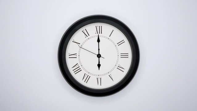 The Time On The Clock Six. White Wall Clock With Black Rim And Black Hands. 4k, ProRes