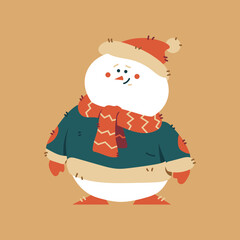 Funny Christmas snowman in Santa hat and scarf vector cartoon character isolated on background.