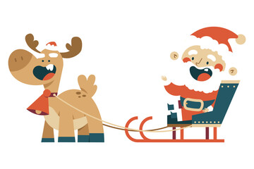 Funny Santa Claus on Christmas sleigh with reindeer vector cartoon character isolated on a white background.