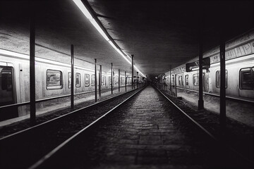 Fototapeta na wymiar Subway underground tunnel with blurry rail tracks in metro gallery