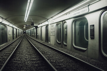 Naklejka premium Subway underground tunnel with blurry rail tracks in metro gallery
