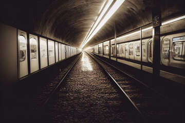 Subway underground tunnel with blurry rail tracks in metro gallery