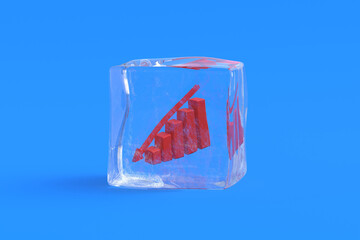 Columns graph with red down arrow in ice cube. 3d render © OlekStock
