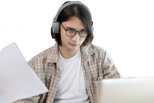 Male student is doing homework given by the teacher through the laptop's live performance system, My homework, Using laptops and data graphs in class, Online communication, Social distancing.