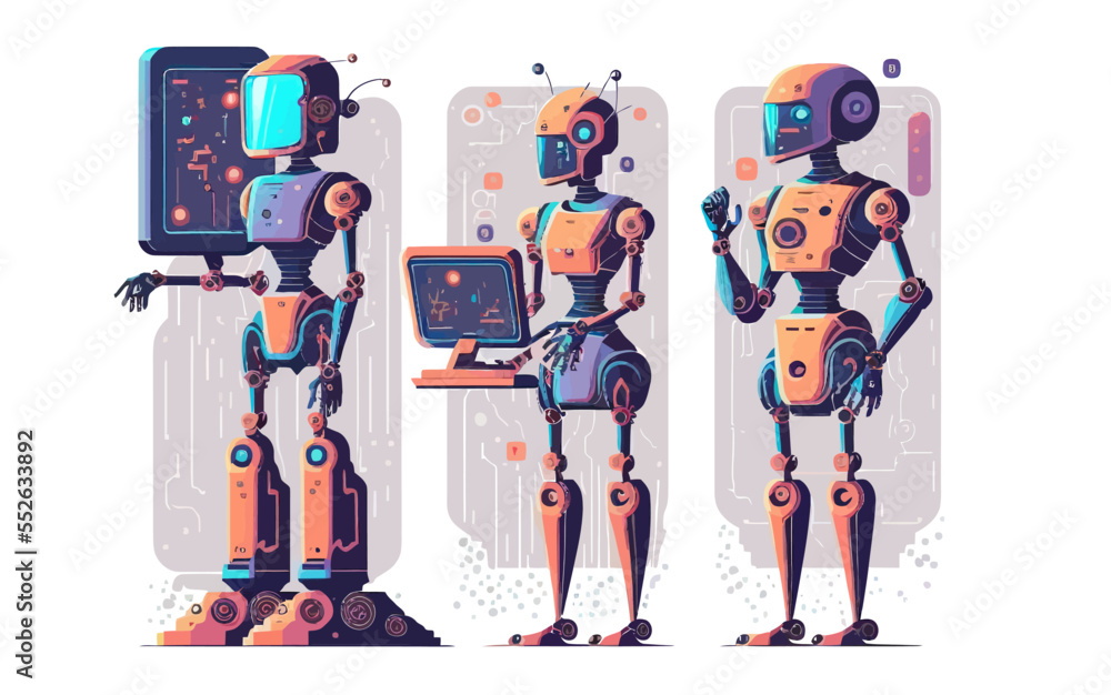 Poster robots set with cute screen faces. futuristic smart androids. flat illustration isolated on white ba