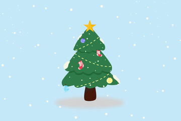 cute christmas tree cartoon style with snow on blue background