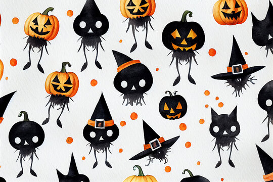 whimsical cute Halloween collection on white background with margins, watercolor