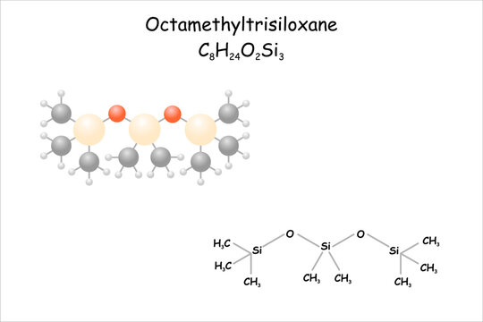 Stylized molecule model/structural formula of octamethyltrisiloxane. Use in cosmetic industry.