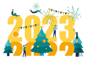 2023 new year welcome. 2022 next 2023 people are preparing for the New Year, are engaged in decoration, the inscription New Year 2023. Vector illustration little people