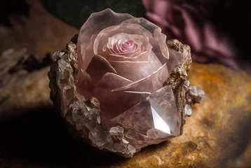 Cercles muraux Photographie macro Pink rose made from translucent quartz crystal rock, macro closeup. 