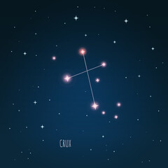 Constellation Crux scheme in starry sky. Open space. Vector illustration Crux, constellation  through a telescope