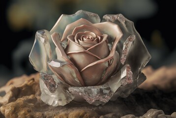 Pink rose made from translucent quartz crystal rock, macro closeup. 